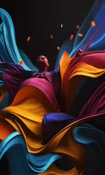 the artwork is made of different colors,a woman in colorful flowing clothes with black background