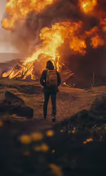 man in brown jacket watching large blaze from distance
