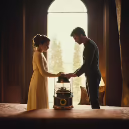 a man and woman standing next to an open container with some sort of thing inside