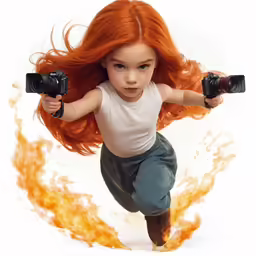 there is a red hair girl holding two cameras
