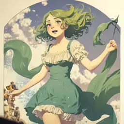 a green lady standing in the middle of the day