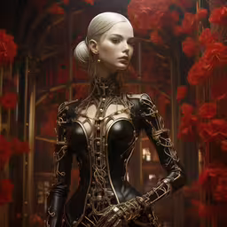a young female in a sci - themed outfit, looks into the distance with her hands on her hips,an animated female in a costume standing near red flowers