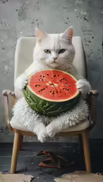 a white cat holding a watermelon slice on a chair
