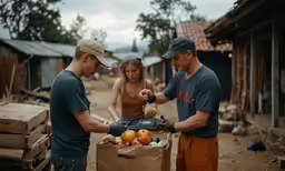 three people in hats and blue shirts standing around some fruit