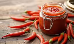 a jar of jam on a table with red peppers