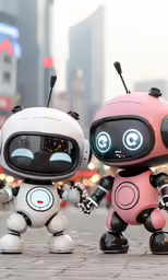 the robot and the robot dog walk together in the street