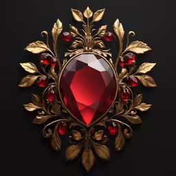 a red crystal stone with gold leaves is surrounded by jewels