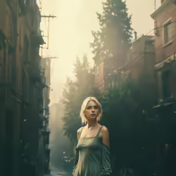 a young blonde woman walking down a city street