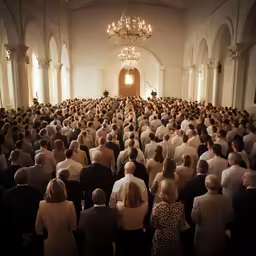 a room filled with people sitting and standing together