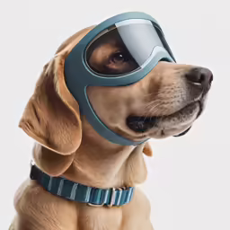 a dog wearing a pair of goggles sits looking up