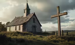 an old church with a large wooden cross at the top