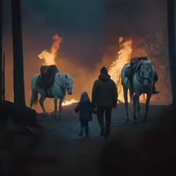 two horses that are standing next to a person