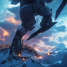 a huge alien spaceship in the snow with mountains in the background