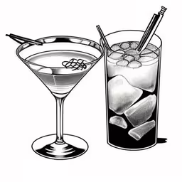 two cocktail glasses are sitting next to each other,an ink drawing of two drinks in a tall glass