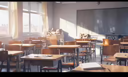 a classroom full of tables and chairs with a chalkboard on the wall