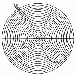 a drawing of a circle that has an arrow in it,a circular object is a drawing with some lines going around it,a black and white drawing of a circle,the illustration shows a grid with different circular shapes,circular, black and white drawing with a pen in the center