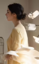 a woman in yellow is standing by a birdcage