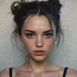 a close up photo of a woman with freckles and messy hair