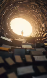 people walking through a massive wooden structure with blocks around
