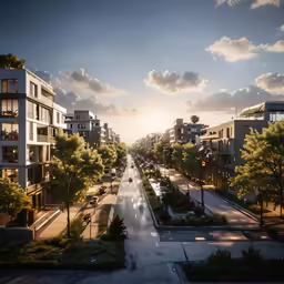 a street near many tall buildings with lots of parking