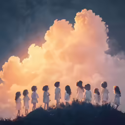 children standing on the top of a hill under clouds
