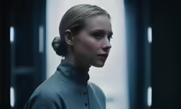 a woman standing in an elevator with her head back and eyes closed