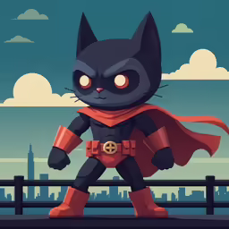 a cat in a superhero outfit standing next to a fence