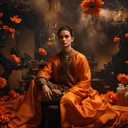 a young woman is sitting near an orange flower