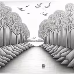 a drawing of a bird and a tree line,pencil drawing of an empty park with birds flying around,a drawing of a canal with birds flying around,a drawing of a forest with birds flying,a pencil drawing of trees and water and birds