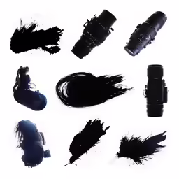 a series of photos of black paints and brushes