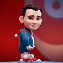 a figurine of a boy is on a red and blue shelf
