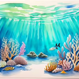 this is a painting with fish in the water,a painting of a coral reef with some fish,the under water with some fish and other items,a painting of a large blue ocean with corals and seaweed,an underwater scene with coral, fish and other marine life