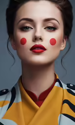 a woman wearing red polka dot makeup is looking ahead