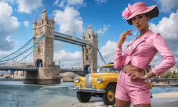 a woman in pink hat and suit with a yellow taxi