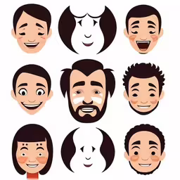 a group of face expressions with different facial heads,different facial expressions, including the eyes, beards and hair