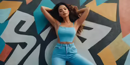 a beautiful woman laying down next to a wall