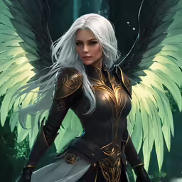 a woman with wings, and a sword in her hand