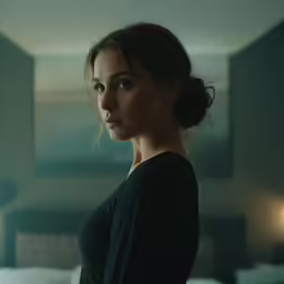 a beautiful woman wearing black standing in front of a bed