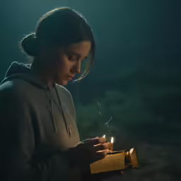 a woman is standing in a dark room holding a light