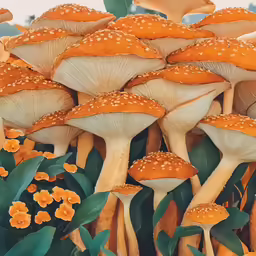 some brown and white mushrooms with orange flowers