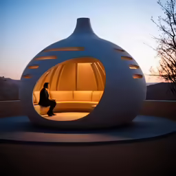 a person sitting inside of a large white egg shaped structure