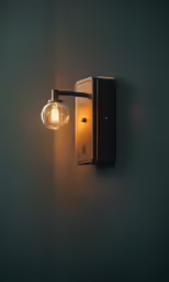 a light is on a wall, beside a mirror