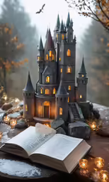 book lying on rock next to a castle in the woods