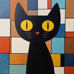 a painting of a cat on a multicolored brick wall