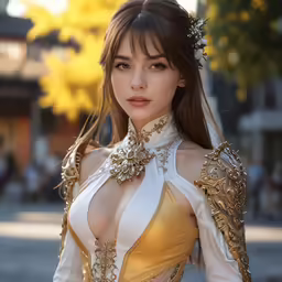 a woman with long hair wearing a golden dress and wearing jewelry