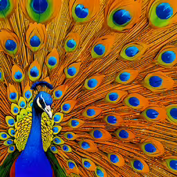 there is a bright, multi - colored peacock with feathers spread out,the tail of a peacock with a bright, colorful display