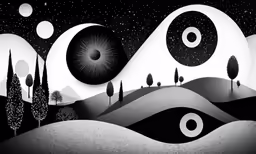 black and white landscape with a circle in the middle