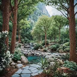 a river surrounded by many green trees and rocks