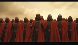 a group of hooded men dressed in red in front of a sky
