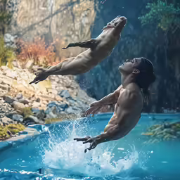 a woman swimming underwater next to another person